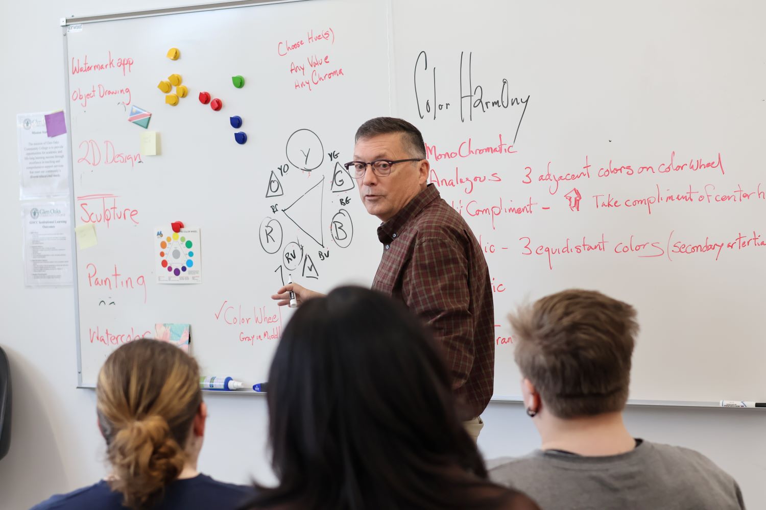 Instructor standing in front of white boards teaching students.