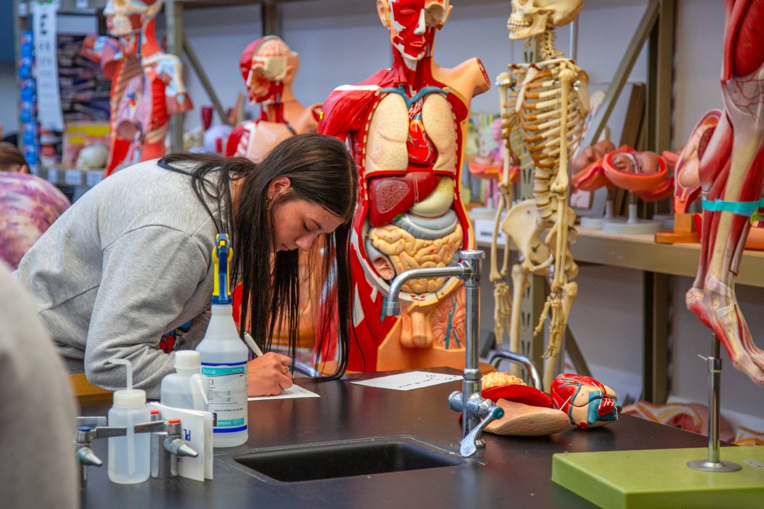 female student in biology class with human biology models