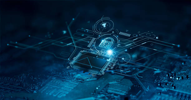 Digital computer graphic of cyber network with a lock in the middle