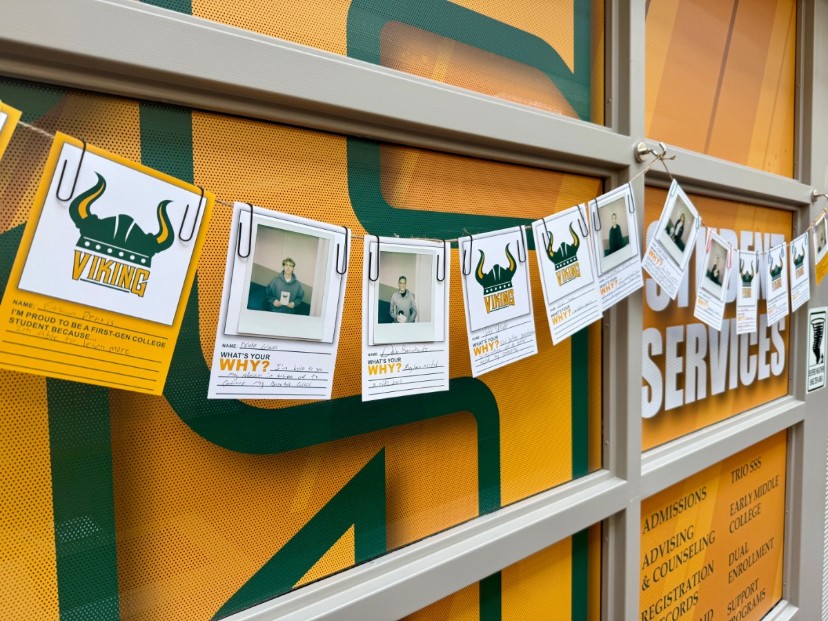 Viking wall outside of Student Services, which hangs Polaroid pictures of students who have filled out a form that says their "why" and why they are in school at Glen Oaks